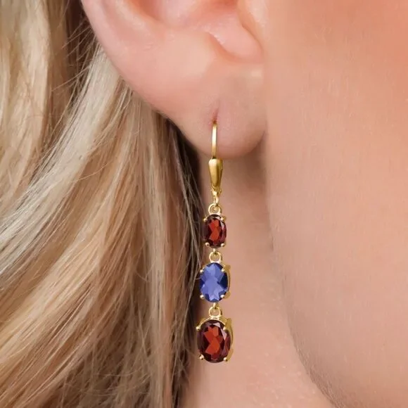 18K Yellow Gold with 5.44 Cttw 3 Stone Garnet and Blue Iolite Leverback Earrings